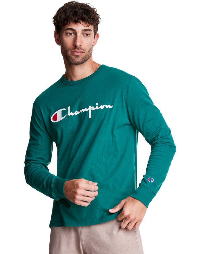 Champion T-Shirt Heren - Turquoise - Long-Sleeve Lightweight Script Logo ( 785364-KSX )